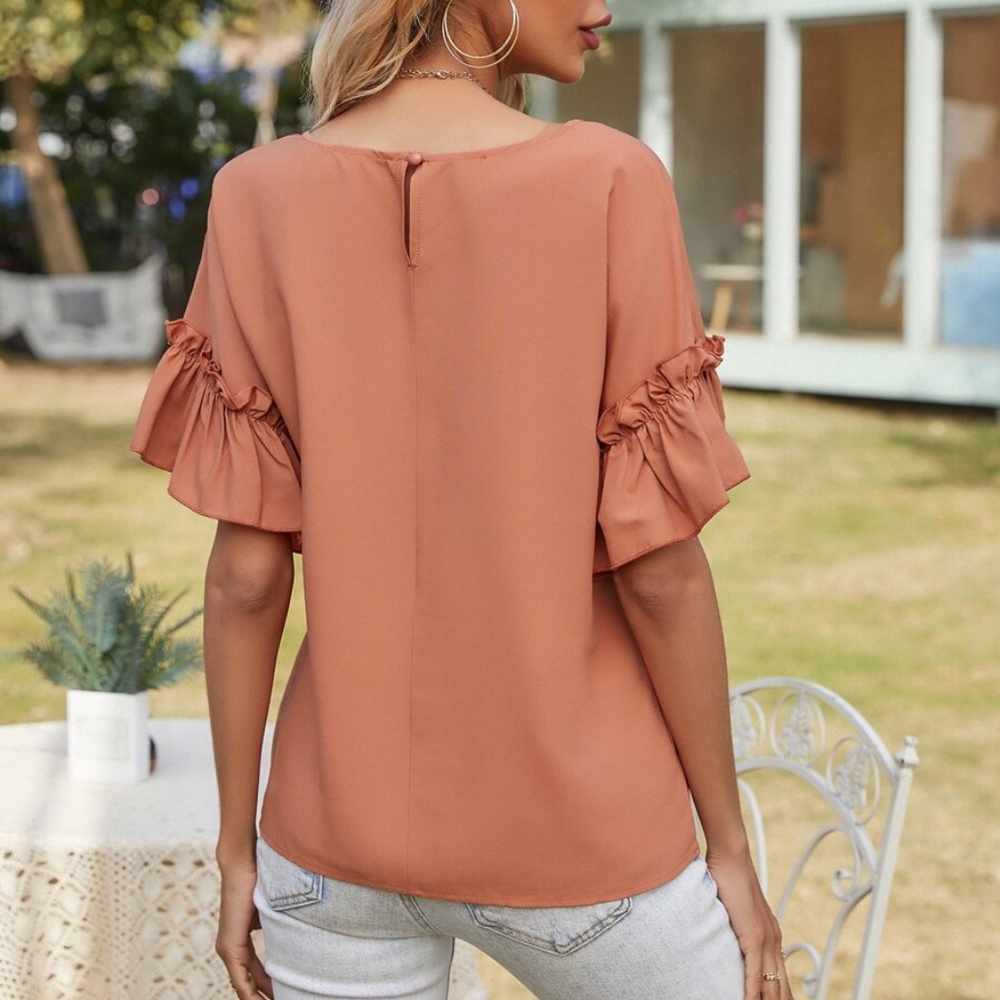 Boho Coral Orange Ruffle Short Sleeve Top - Picture 4 of 5